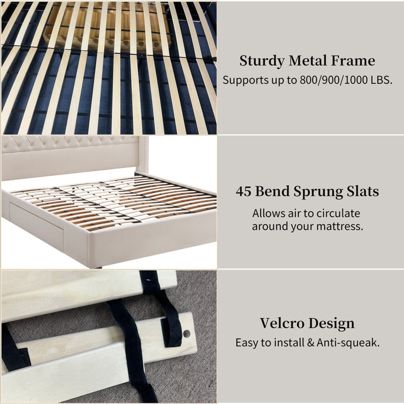 Latitude Run Tanikia Luxurious Upholstered Wingback Storage Platform Bed with 60 inch High Headboard Premium Linen Dual Storage Drawers and Sprung Slats Reviews Wayfair